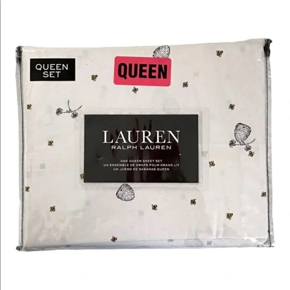 Ralph Lauren Queen Sheet 4 Pc Set White w/ Bumble Bees/Bee Hives Cotton NEW+